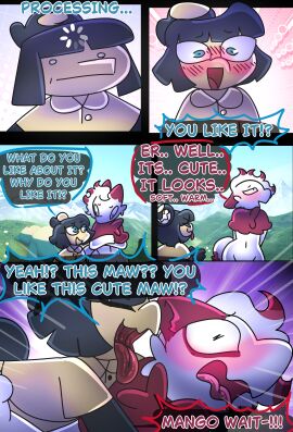 absurd_res blue_eyes blush blushing_profusely comic english_text flustered fur generation_3_pokemon generation_8_pokemon halfpricesouls hi_res hisuian_form hisuian_zorua licking male male/male mango_(halfpricesouls) mawile nintendo pokemon pokemon_(species) regional_form_(pokemon) text tongue tongue_out white_body white_fur yellow_body zoro_(halfpricesouls)