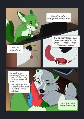 anthro canid canine canis comic drawing_tablet duo english_text fellatio fox hi_res knot kurodfox kurodfox_(character) male male/male mammal oral pakz penile penis sex text under_the_table wolf