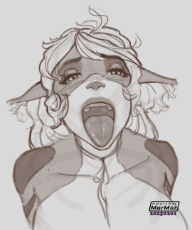 animal_nose borrowed_character breasts cat_ears cat_girl catgirl cleavage female furry furry_female kera large_breasts long_hair marmar messy_hair milf monochrome open_mouth original tongue