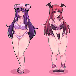 2girls :d big_breasts bikini blue_eyes blunt_bangs blush breasts cleavage cute_fang demon female female_only frilled_bikini frills koakuma long_hair marukunart navel patchouli_knowledge purple_hair red_eyes red_hair succubus swimsuit touhou touhou_project
