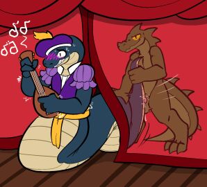 alligator alligatorid anthro apode bard blush clenched_teeth cloacal cloacal_penetration clothed clothing crocodilian curtains draconcopode duo female hat headgear headwear hi_res legless lute male male/female musical_instrument naga nude partially_clothed penetration penile penile_penetration penis penis_in_cloaca playing_music plucked_string_instrument reptile scalie serpentine sex snake spiked_tail spikes spikes_(anatomy) stealth_sex string_instrument tail teeth topwear trout_(artist) vest yellow_eyes