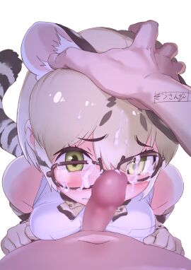 absurdres animal_ears animal_print black_hair blonde_hair blush bow bowtie cat_ears cat_tail censored cum cum_on_body cum_on_eyewear cum_on_hair cum_string elbow_gloves facial female glasses gloves hand_on_another's_head highres kemono_friends kemono_friends_3 male margay_(kemono_friends) masuyama_ryou mosaic_censoring multicolored_hair penis pov shirt short_hair sleeveless solo_focus tail