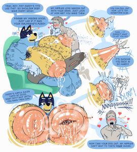 anthro bandit_heeler bara big_muscles big_pecs blue_body blue_fur bluey_(series) blush blush_lines bodily_fluids body_hair breasts busty_male canid canine canis chest_hair clothing comic daddy_kink domestic_dog dripping duo fisting fur gaping genital_fluids hairy heart_symbol hi_res huge_muscles huge_pecs human hyper hyper_muscles hyper_pecs lactating lotolotl male male/male male_with_breasts mammal mantits moobs muscles muscular muscular_anthro muscular_chest muscular_male nipple_fetish nipple_fisting nipple_penetration nipple_play nipples pecs penetration precum precum_drip scenario texts torn_clothing torn_underwear underwear what yaoi