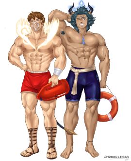 2boys askr_(fire_emblem) beach eikthyrnir_(fire_emblem) fire_emblem fire_emblem_heroes gay male male_only pecs smdoodles03 tagme