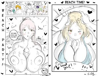 big_breasts blonde_hair blowjob breasts cum female orgy original_character paizufella paizuri red_hair sex swimsuit