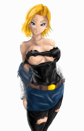 2d 2d_(artwork) android_18 anime blonde_female blonde_hair blue_eyes breasts dragon_ball dragon_ball_super dragon_ball_z evil_grin female giant_breasts huge_breasts isquashyou ripped_clothing skirt smile