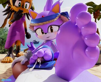 3d_(artwork) 5_toes anthro archie_comics beach blaze_the_cat blush bodily_fluids clothing cum digital_media_(artwork) domestic_cat feet feet_fetish felid feline felis female first_person_view flip_flops foot_fetish foot_focus foot_play footjob footwear genital_fluids genitals group hi_res looking_at_viewer lynx male male/female nicole_the_lynx nouvaera penis sandaljob sandals sega sex shoes soles sonic_(series) sonic_the_hedgehog_(archie) sonic_the_hedgehog_(comics) sonic_the_hedgehog_(series) toes trio