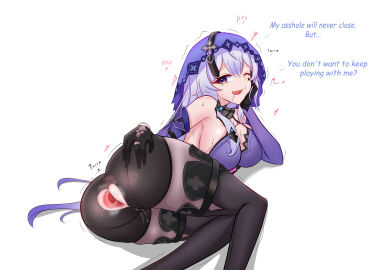 1girls after_anal after_sex anal anal_access anal_juice anal_only anal_only_panties anal_orgasm anus anus_cutout ass backless_panties big_ass big_breasts black_swan_(honkai:_star_rail) breasts covered_pussy cum cum_in_ass cum_inside detached_sleeves devil4826 english_text female female_ejaculation female_focus female_only gaping_anus gloves happy happy_female headdress hole_in_pants honkai:_star_rail huge_gape looking_at_viewer permanent_gape purple_eyes purple_hair pussy pussy_juice shirt short_shorts shorts stockings straight text thigh_boots veil