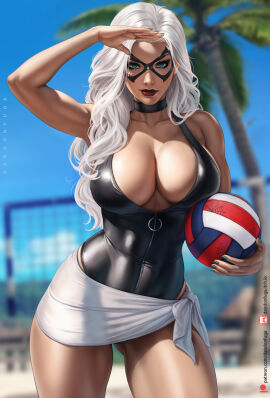 1girls ball_(object) beach black_cat_(marvel) black_choker black_swimsuit breasts choker dandon_fuga deviantart_link felicia_hardy female female_only green_nails huge_breasts large_breasts light-skinned_female light_skin looking_at_viewer marvel marvel_comics massive_breasts palm_tree red_lipstick spider-man_(series) summer thick_thighs thighs twitter_link volleyball white_hair