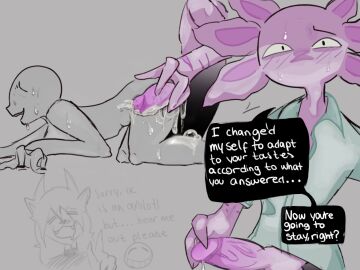 anon axolotl axolotl_humanoid big_cumshot big_dom_small_sub blue_clothing circle_head cum cum_inside cumming dick english_text erect_penis erection explicit facing_viewer fluids game grey_background horror_game kinito kinitopet looking_at_viewer male non-human penis pink_body pink_penis pink_skin sex simple_background speech_bubble
