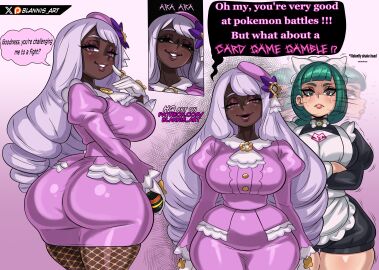 2girls ass big_ass big_breasts blannis_art breasts clothed clothing dark-skinned_female dark_skin dress dress_up female female_only fishnet_legwear fishnets fully_clothed game_freak gloves hair_ornament harujio_(pokemon) huge_ass huge_breasts jacinthe_(pokemon) lavender_hair lebanne_(pokemon) light-skinned_female light_skin looking_at_viewer net nintendo pokemon pokemon_legends:_z-a purple_clothing purple_eyes purple_hair stockings tagme thick_thighs thighs very_long_hair white_gloves yukari_(pokemon)