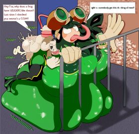 background balls belly_bulge breasts coltetbe costume cum cum_inflation cum_inside cum_through_clothes cumflation dialogue doggy_style female huge_breasts hyper hyper_balls hyper_breasts hyper_penis large_nipples long_hair long_tongue male mimiga my_hero_academia original_character outside pantless penis public public_sex rabbit_tail small_but_hung small_dom_big_sub stomach_bulge tsuyu_asui