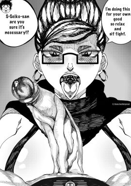 1boy 1girls 2d 2d_(artwork) ayase_seiko big_breasts big_penis black_and_white breasts dandadan dialogue dialogue_bubble english_text female gilf glasses huge_breasts huge_cock imminent_oral imminent_sex large_breasts large_penis male male_focus melletprout milf monochrome older_female open_mouth penis takakura_ken_(okarun) text text_bubble tongue tongue_out younger_male