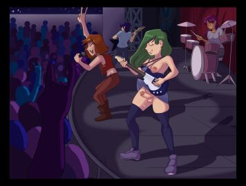 1futa 3girls accidental_exposure areolae balls balls_under_clothes blueycitrus bottomless_skirt breasts casual casual_exposure casual_nudity closed_eyes clothes_stuck_on_object concert crowd crowd_watching drummer erect_nipples erection erection_under_clothes erection_under_skirt female female_with_female futa_with_female futanari green_hair guitar guitarist intersex nipple_slip nipples on_stage one_breast_out one_breast_out_of_clothes penis penis_out penis_under_clothes penis_under_skirt playing_music precum precum_drip precum_string public public_exposure public_nudity singing skirt skirt_lift small_breasts stage stage_show trans_woman transfem