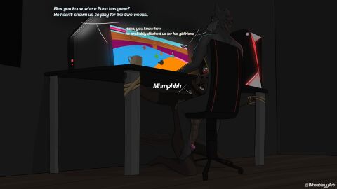 anthro arms_tied athletic athletic_male bedroom bondage bound brown_body canid chair chastity_cage chastity_device computer desk dialogue digital_media_(artwork) dominant duo electronics english_text fellatio fur furniture gag gagged gaming gaming_while_penetrating gay gay_male genitals grey_body hair hi_res inside kneeling kneeling_on_ground kneeling_oral_position male male/male mammal mug nude office_chair on_ground oral penile penis pink_chastity_cage playing_videogame restraints rope rope_bondage sex shaded side_view sitting submissive submissive_anthro submissive_male table tail text under_the_table wheatleyy yaoi