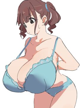 adjusting_bra bent_over black_eyes blue_lingerie blush breasts brown_hair dressing female gigantic_breasts hyper_breasts nervous_sweat osakana_(kitasisn) side_ponytail sugimori_futaba_(osakana) sweatdrop tying_bra undersized_bra worried
