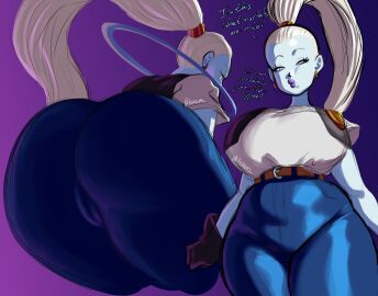 1girls android_18_(cosplay) angel ass big_ass big_breasts blue_skin breasts cameltoe cosplay dragon_ball dragon_ball_super dragon_ball_z english_text female female_only huge_ass huge_breasts isxues large_ass large_breasts long_hair ponytail pussy text vados white_hair