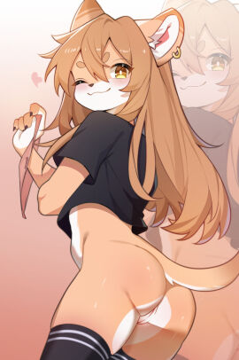 anthro ass bangs black_clothing black_legwear black_nose black_shirt black_thigh_highs black_topwear blush bottomless brown_eyes brown_hair claws clothed clothing crop_top digital_media_(artwork) ear_piercing ear_ring felid feline female fur genitals gradient_background hair hair_between_eyes heart_symbol hi_res holding_clothing holding_object holding_panties holding_underwear kemono legwear mammal mouth_closed multicolored_body multicolored_fur one_eye_closed panties panties_removed partially_clothed piercing pink_background pupils pussy ring_piercing shirt simple_background solo tan_body tan_fur thigh_highs topwear twilight_(cgkk4357) two-tone_body two-tone_fur underwear white_body white_fur white_pupils zoom_layer