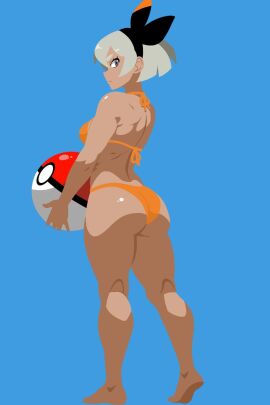 absurdres ass ball barefoot bea_(pokemon) beachball bikini black_hairband blue_background breasts closed_mouth commentary dark-skinned_female dark_skin english_commentary eyelashes female full_body grey_eyes grey_hair gym_leader hairband halterneck highres holding holding_ball holding_beachball nintendo no_lineart orange_bikini poke_ball poke_ball_(basic) poke_ball_theme pokemon pokemon_ss saucy_aussy shiny_skin short_gray_hair short_hair simple_background solo string_bikini swimsuit toned toned_female
