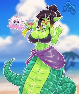 beach big_ass big_breasts big_butt big_thighs big_titties black_hair breasts commission crisdeku curvaceous curvaceous_female curvaceous_figure curvy curvy_figure curvy_hips elf_ears female female_focus female_only green_body lamia naga original original_character short_hair snake snake_girl snake_tail