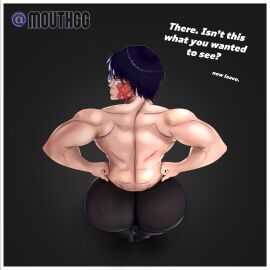 1girls ass back back_view big_ass black_legwear dark_hair dialogue female glasses huge_ass jujutsu_kaisen light-skinned_female light_skin looking_at_viewer looking_back mouthgg muscles muscular muscular_back muscular_female scars scars_on_face strong_female talking_to_viewer thick_ass thick_thighs zenin_maki
