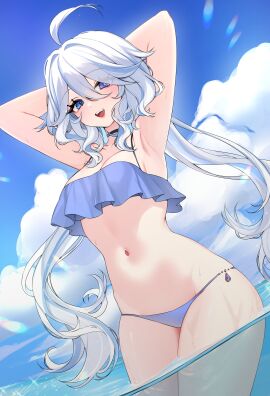 1girls 2024 2d 2d_(artwork) ahoge alternate_costume armpits arms_behind_head beach belly_button bikini bikini_bottom bikini_top blue_bikini blue_bikini_bottom blue_bikini_top blue_eyes blue_hair blue_swimsuit breasts choker cleavage clouds day female female_only frilled_bikini frills front_view furina_(genshin_impact) genshin_impact heterochromia high_resolution highres hoyoverse light-skinned_female light_skin long_hair looking_at_viewer medium_breasts mihoyo navel nemuaki ocean open_mouth outdoors pigtails revealing_swimsuit sky slim_female smile smiling_at_viewer solo standing standing_in_water swimsuit thong thong_bikini two-tone_hair two_piece_swimsuit water wet wet_body white_hair young younger_female