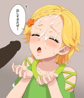 aikatsu! aikatsu!_(series) blonde_hair blush braid closed_eyes collarbone cum facial female green_shirt grey_background hair_ornament highres male open_mouth penis ptrt shinjou_hinaki shirt short_hair single_braid solo_focus speech_bubble star_(symbol) star_hair_ornament straight swept_bangs