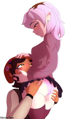 2girls amity_blight beanie bisexual_pride_colors brown_hair dark-skinned_female dark_skin disney disney_channel earrings female female_only hands_on_ass hands_on_head light-skinned_female light_purple_hair light_skin looking_up_at_partner luz_noceda multiple_females multiple_girls no_watermark noriontoon purple_hair tagme the_owl_house triangle_earrings yuri