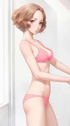 atlus changing female getting_dressed haru_okumura lingerie lingerie_only looking_at_viewer miura-n315 nipples persona persona_5 pink_hair purple_eyes