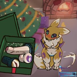 1:1 anthro anus balls bandai_namco blush breasts canid canine christmas digimon digimon_(species) embarrassed foreskin fox full-package_futa fur fur_markings futanari genitals gift herm hermaphrodite hi_res holidays intersex markings multi_genitalia partially_retracted_foreskin paws penis portal pussy renamon retracted_foreskin tagme tail tail_motion tailwag trapknight uncircumcised