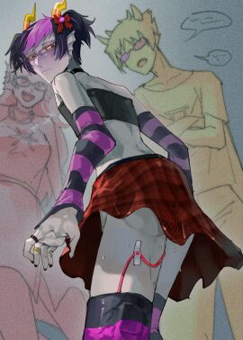 1girls 2boys aloafofcake black_iris crop_top dyed_hair eridan_ampora feferi_peixes female fully_clothed glasses grey_skin hiding_masturbation homestuck homestuck_troll horns in_public jewelry looking_back male male_focus male_penetrated march!eridan masturbation no_sex pleated_skirt public sollux_captor speech_bubble stealth_masturbation sweating twintails vibrator_under_clothes yellow_sclera