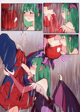 1boy 1girls accident accidental_blowjob accidental_sex blowjob capcom crossover crossover_sex crossover_ship darkstalkers demon eastern_and_western_character female imminent_kiss kissing kissing_penis male marvel marvel_comics marvel_vs._capcom morrigan_aensland penis peter_parker romantic romantic_ambiance romantic_couple ship spider-man spider-man_(series) succubus succubus_wings upside-down wings wings_on_head