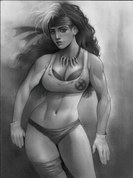 1girls anna_marie black_and_white breasts cleavage female gloves headband huge_breasts marvel marvel_comics msperoni multicolored_hair rogue_(savage_land) rogue_(x-men) savage_land tooth_necklace triplexmile x-men