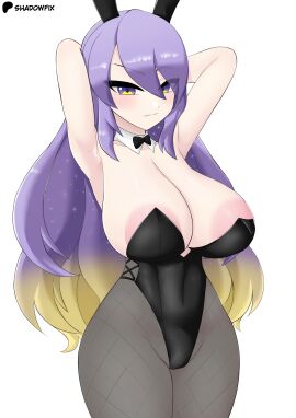 1girls areola_slip areolae armpits arms_behind_head big_areola big_breasts breasts bunny_girl bunnysuit female female_only hololive hololive_indonesia hololive_indonesia_area_15 huge_breasts large_breasts moona_hoshinova purple_hair solo tagme thick_thighs thighs two-tone_hair virtual_youtuber