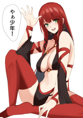 1girls absurd_res bare_chest bare_shoulders bare_skin belly belly_button bikini black_bikini black_bikini_bottom black_bikini_top black_swimsuit black_swimwear blush breasts cleavage collarbone dot_nose earrings feet female female_focus female_only fingers full_body green-eyed_female green_eyes hand_up haneramu high_resolution highres hourglass_figure japanese_text knee_up knees legs legs_apart light-skinned_female light_skin long_hair looking_at_viewer medium_breasts mole mole_on_breast naked naked_female navel nude nude_female open_mouth original red-haired_female red_hair red_thighhighs salute shoulders sideboob simple_background sitting sitting_down sitting_on_floor slender_body slender_waist slim_female slim_waist smile smiling smiling_at_viewer soles solo straight_hair swimsuit swimwear text text_bubble thick_thighs thighhighs thighs thin_waist toes upper_teeth white_background