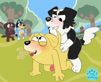 2024 absurd_res anal anthro australian_cattle_dog balls bandit_heeler black_body black_nose blue_body bluey_(series) blush border_collie canid canine canis detailed_background domestic_dog erection fido_(bluey) genitals grolarbearsins group hi_res labrador mackenzie's_dad_(bluey) male male/male mammal outside pat_(bluey) penis plant retriever sex tongue tongue_out tree white_body