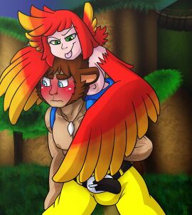 backpack banjo-kazooie banjo_(banjo-kazooie) bear bear_boy belt bird bird_girl bird_wings blue_eyes blush blushing_male breasts breasts_out brown_hair embarrassed_male female fethered_wings green_eyes hair hairy hairy_arms human human_only humanized in_backpack kazooie male nipples rareware red_hair sideburns smug smug_face tongue tongue_out tooth_necklace topless topless_female topless_male wings yellow_pants yoshimister