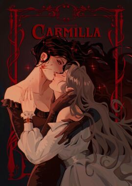 2girls artist_name bbybluemochi bite_mark brown_hair carmilla_(novel) carmilla_karnstein cleavage closed_eyes dress earrings fangs female gloves hi_res laura_(carmilla) long_hair looking_at_viewer red_eyes sparkles text vampire yuri