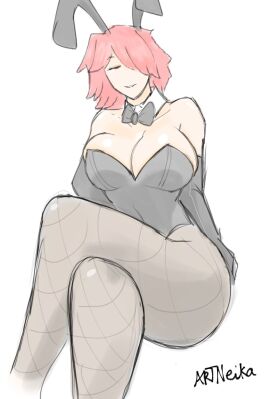 artneika_(artist) bowtie breasts bunny_ears bunnysuit cherry_(artneika) crossed_legs female fishnets fit fit_female gloves large_breasts long_gloves milf pink_hair red_eyes shoulders white_body white_skin