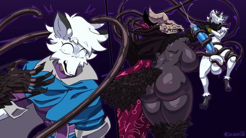 anthro anthro_on_anthro ass balls big_balls big_breasts big_butt big_penis bodily_fluids breasts clothed clothing cuchuflin duo erection female genital_fluids genitals hi_res huge_balls huge_breasts huge_butt huge_cock male male/female nipples original penis pussy tentacle torn_clothing vulva