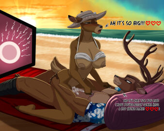 absurd_res anthro beach bodily_fluids breasts cum cum_in_pussy cum_inside deer dgemporium duo female genital_fluids hi_res impregnation kneeling looking_pleasured lying male male/female mammal nipple_piercing nipples on_back open_mouth pecs piercing pussy smile