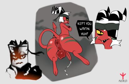 angry anthro anus avioylin backsack balls ballsack big_ass big_balls bodily_fluids bodypaint crossed_arms demon dialogue digitigrade femboy genital_fluids genitals helluva_boss hi_res horn imp kerchief konami looking_at_viewer looking_back male male_only metal_gear moxxie_(helluva_boss) perineum precum puffy_anus rear_view red_body sharp_teeth simple_background sketch_page solo solo_focus speech_bubble teeth thick_thighs war_paint