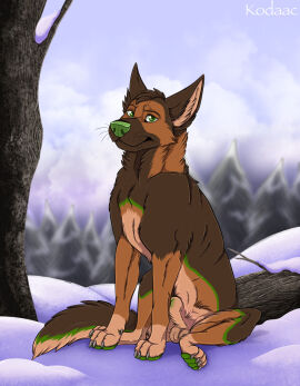 animal_genitalia artist_name balls brown_body brown_fur canid canine canis cheek_tuft cloud domestic_dog facial_tuft feral fully_sheathed fur genitals german_shepherd glistening glistening_eyes green_eyes green_markings green_nose green_pawpads hi_res kodaac male male_feral mammal markings mouth_closed neck_tuft outside pawpads plant sheath sitting snow solo text tree tuft whiskers
