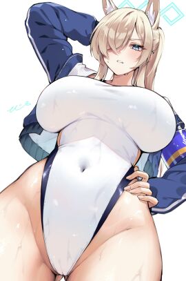arm_behind_head blonde_hair blue_archive blue_eyes breasts cameltoe dutch_angle female gluteal_fold hair_over_one_eye hand_on_hip kanna_(blue_archive) kanna_(swimsuit)_(blue_archive) large_breasts low-angle_view one-piece_swimsuit public public_peace_bureau_(blue_archive) pussy sharp_teeth signature swimsuit valkyrie_police_school_student wet_skin