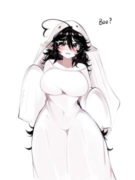 bed_sheet blush breasts child_bearing_hips cleavage clothed clothing elf_female female ghost ghost_girl mistysnugglebug shy sleepy_(mistysnugglebug) thick_thighs