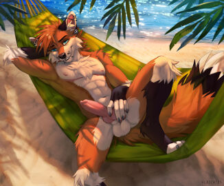 abs animal_genitalia animal_penis anthro athletic athletic_anthro athletic_male balls beach canid canine canine_genitalia canine_penis canis digital_media_(artwork) ear_piercing erection fangs feet fingers flaich fox fur genitals hair hammock hand_behind_head hi_res humanoid_genitalia humanoid_penis knot looking_at_viewer lying male mammal mastectomy_scar navel nipples nude on_back outdoor_nudity outside pecs penis piercing plant sand scar seaside smile solo spread_legs spreading tail teeth toes trans_(lore) trans_man_(lore) tree