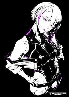 bare_shoulders breasts cigarette cyberpunk:_edgerunners cyberpunk_(series) eyeliner female gloves hand_on_own_hip hands_on_own_hips highleg jacket kiddycorky leotard looking_at_viewer looking_up lucyna_kushinada makeup medium_breasts mouth_hold multicolored_hair off_shoulder purple_eyes short_hair smoking solo streaked_hair