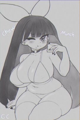 1girls belly big_breasts bikini black_and_white black_nails blush breasts champchidi choker creampuff crumbs ear_piercing eating female female_only food hairbow large_breasts light-skinned_female light_skin long_hair navel one_eye_closed pale-skinned_female pale_skin panty_&_stocking_with_garterbelt piercing sitting stocking_anarchy stockings thick_thighs white_bikini white_stockings