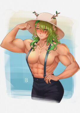 1girls abs blush breasts embarrassed female flexing green_hair hi_res iskaydi large_breasts muscular muscular_female navel obliques original shirtless solo suspenders