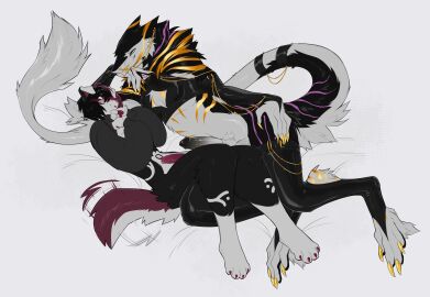 absurd_res animal_genitalia animal_penis anthro big_tail canid canine canine_genitalia canine_penis cheeky_smile clothing duo eye_contact frenum_ladder frenum_piercing genital_piercing genitals hi_res jewelry kaikyo ladder_piercing looking_at_another lying male male/male mammal mika_moony myoukky narehate penile_spines penis penis_piercing piercing sergal shy tail tail_motion tailwag